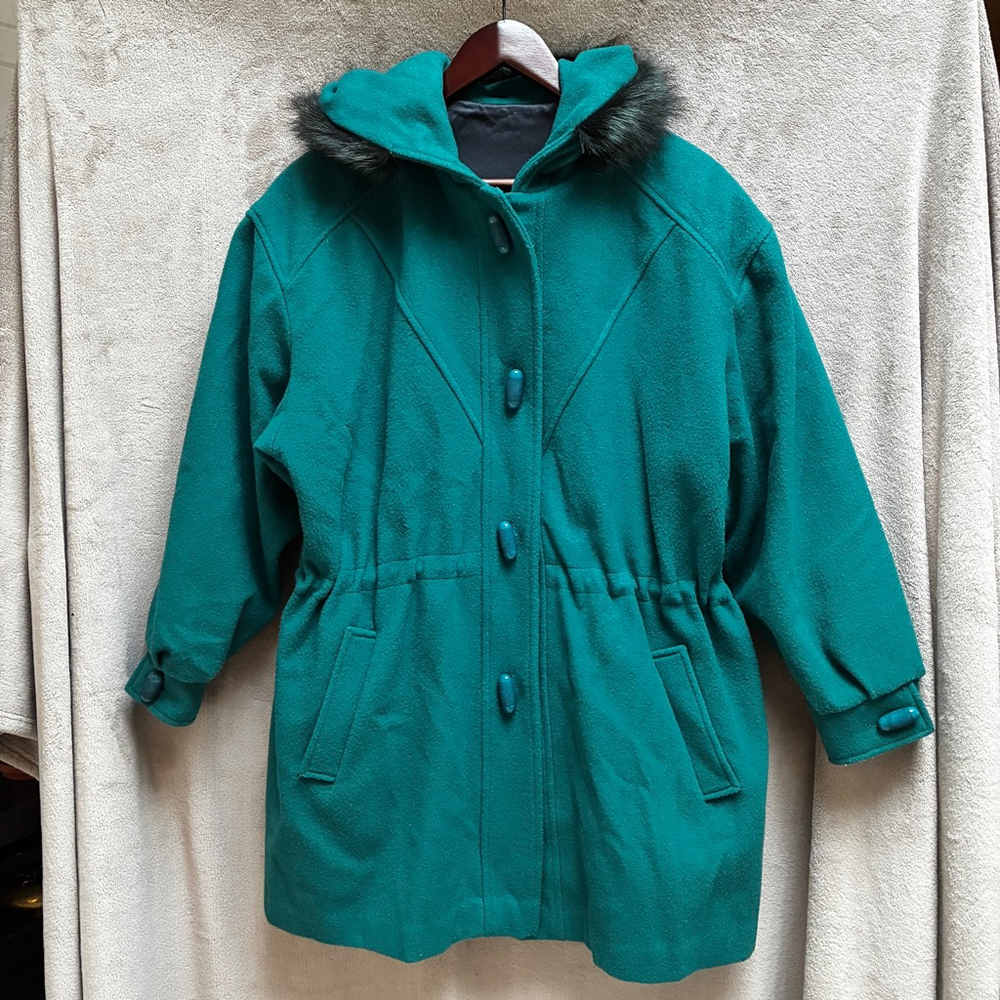 Teal Virgin Wool Coat Women’s 10 Faux Fur Trim Toggle Button Drawstring Vintage